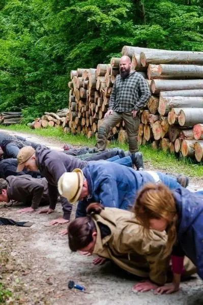 Gruppentraining mit mehreren Personen in Liegestützposition vor einem Holzstapel